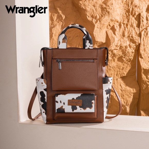 Wrangler Cow Print Tote/Shoulder Bag Convertible Backpack - Brown-Brown - Picture 1 of 5